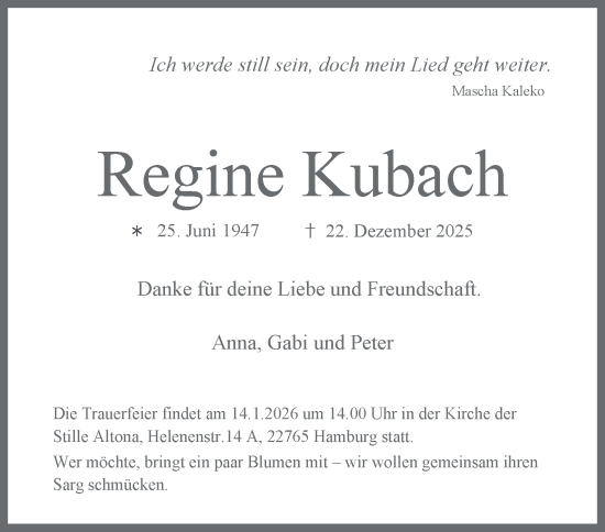 Traueranzeige von Regine Kubach von Hamburger Abendblatt