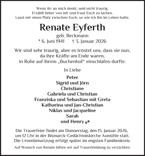 Traueranzeige von Renate Eyferth von Bergedorfer Zeitung