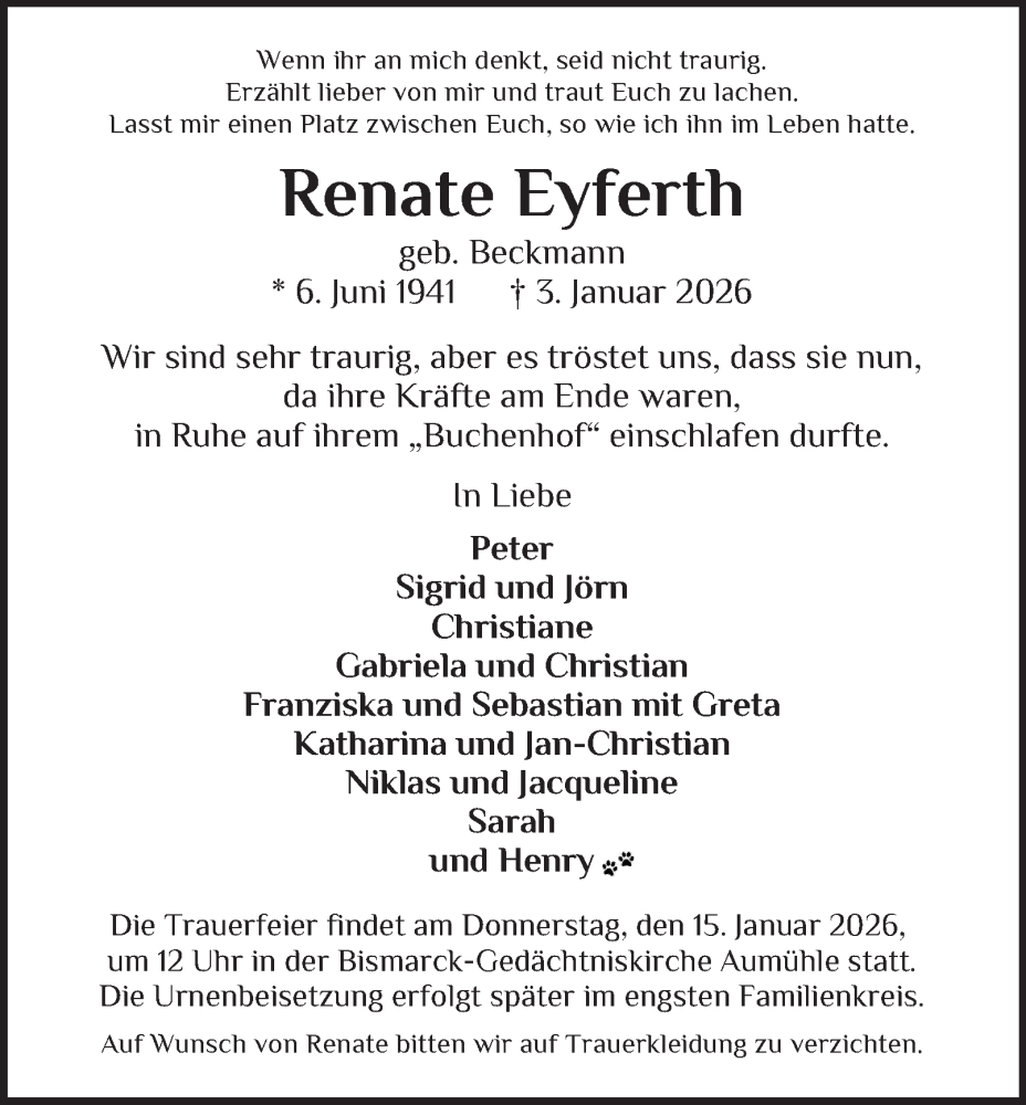  Traueranzeige für Renate Eyferth vom 10.01.2026 aus Bergedorfer Zeitung