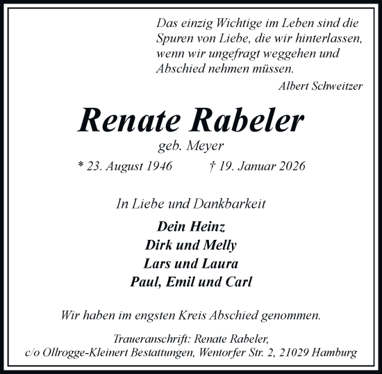 Traueranzeige von Renate Rabeler von Bergedorfer Zeitung