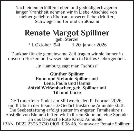 Traueranzeige von Renate Margot Spillner von Hamburger Abendblatt