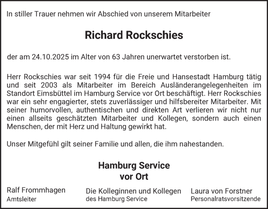 Traueranzeige von Richard Rockschies von Hamburger Abendblatt