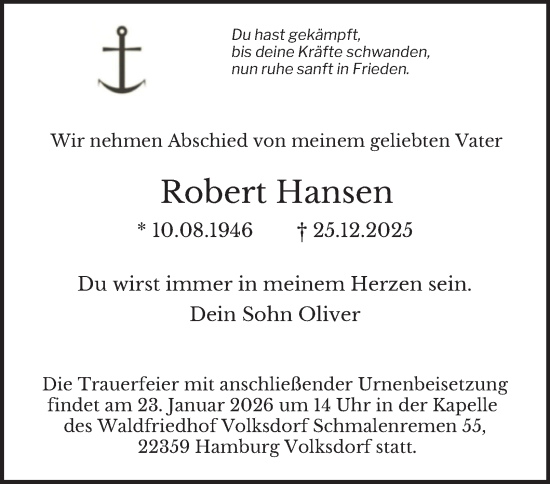 Traueranzeige von Robert Hansen von Hamburger Abendblatt