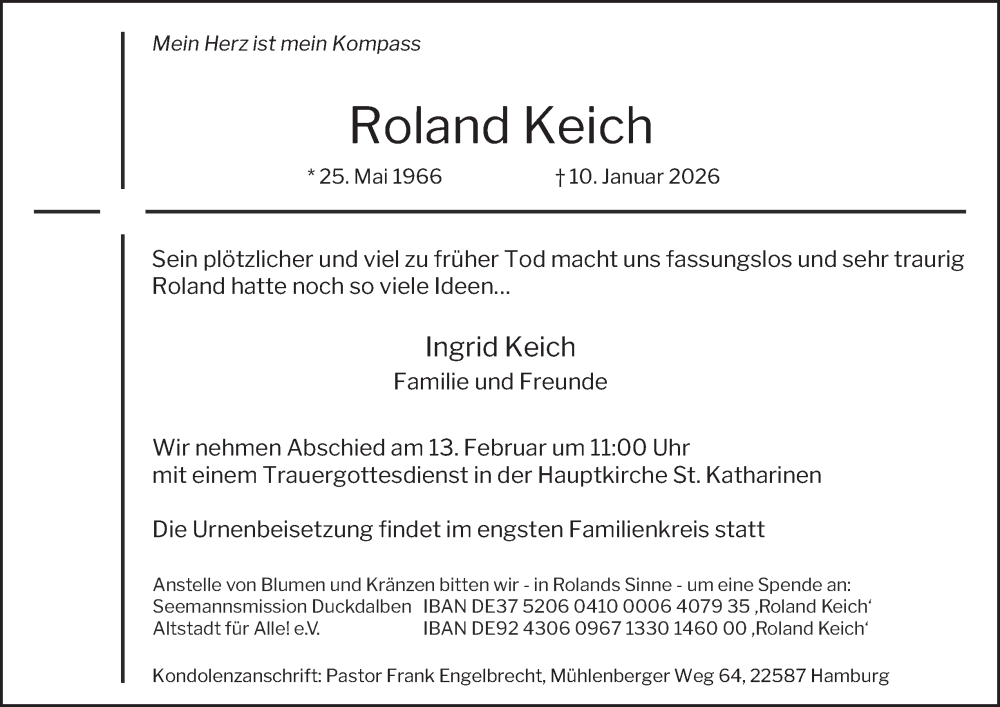  Traueranzeige für Roland Keich vom 31.01.2026 aus Hamburger Abendblatt