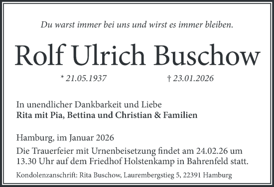 Traueranzeige von Rolf Ulrich Buschow von Hamburger Abendblatt