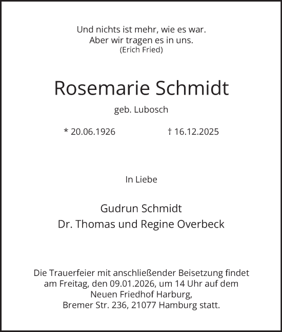 Traueranzeige von Rosemarie Schmidt von HA Regio Harburg