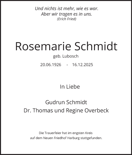 Traueranzeige von Rosemarie Schmidt 