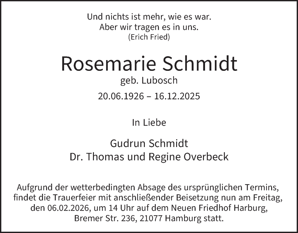  Traueranzeige für Rosemarie Schmidt vom 31.01.2026 aus HA Regio Harburg
