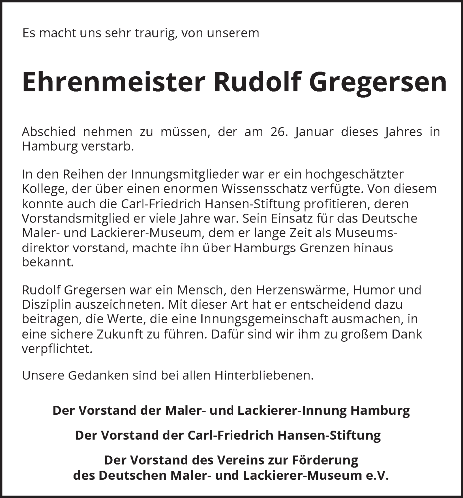  Traueranzeige für Rudolf Gregersen vom 31.01.2026 aus Hamburger Abendblatt