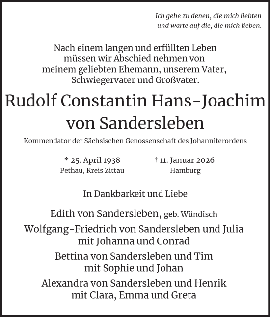 Traueranzeige von Rudolf Constantin Hans-Joachim von Sandersleben von Hamburger Abendblatt