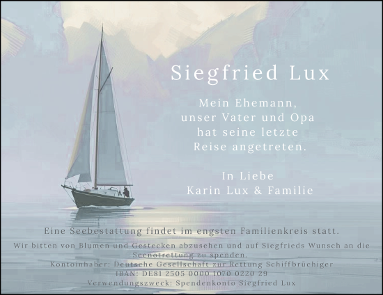 Traueranzeige von Siegfried Lux von Hamburger Abendblatt