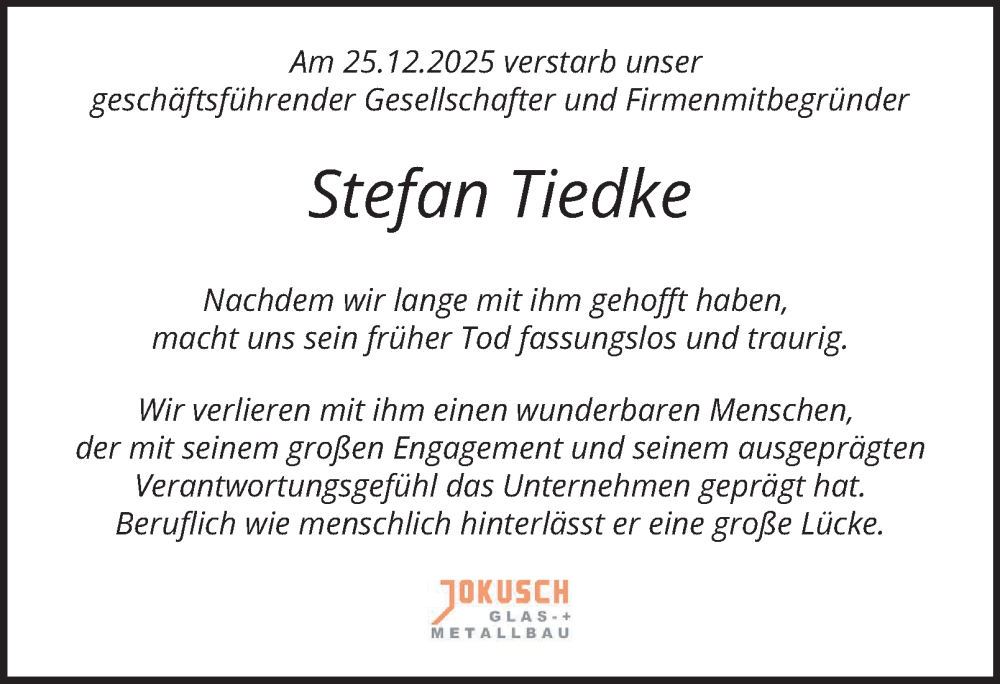  Traueranzeige für Stefan Tiedke vom 17.01.2026 aus Hamburger Abendblatt
