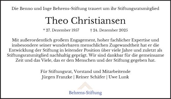 Traueranzeige von Theo Christiansen von Hamburger Abendblatt