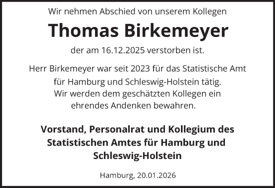 Traueranzeige von Thomas Birkemeyer von Hamburger Abendblatt