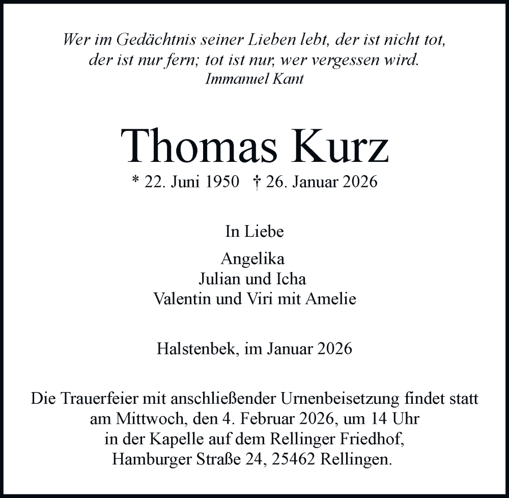  Traueranzeige für Thomas Kurz vom 31.01.2026 aus Hamburger Abendblatt