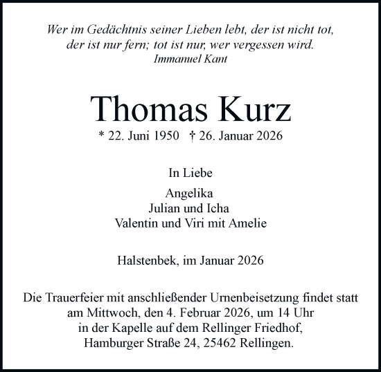 Traueranzeige von Thomas Kurz von Hamburger Abendblatt