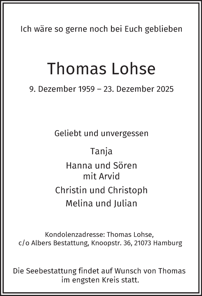  Traueranzeige für Thomas Lohse vom 03.01.2026 aus Hamburger Abendblatt