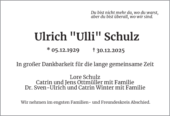 Traueranzeige von Ulrich Schulz von Hamburger Abendblatt