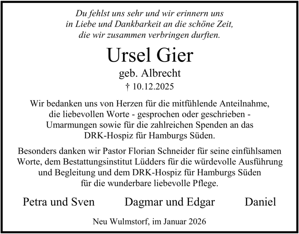  Traueranzeige für Ursel Gier vom 17.01.2026 aus Hamburger Abendblatt