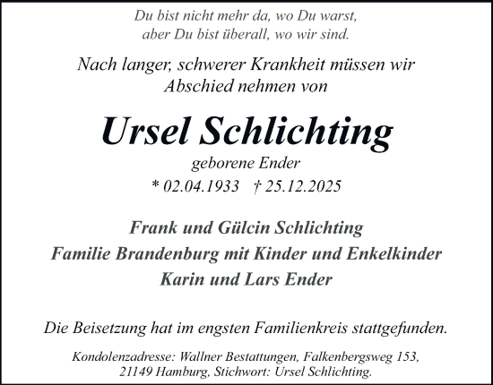 Traueranzeige von Ursel Schlichting 