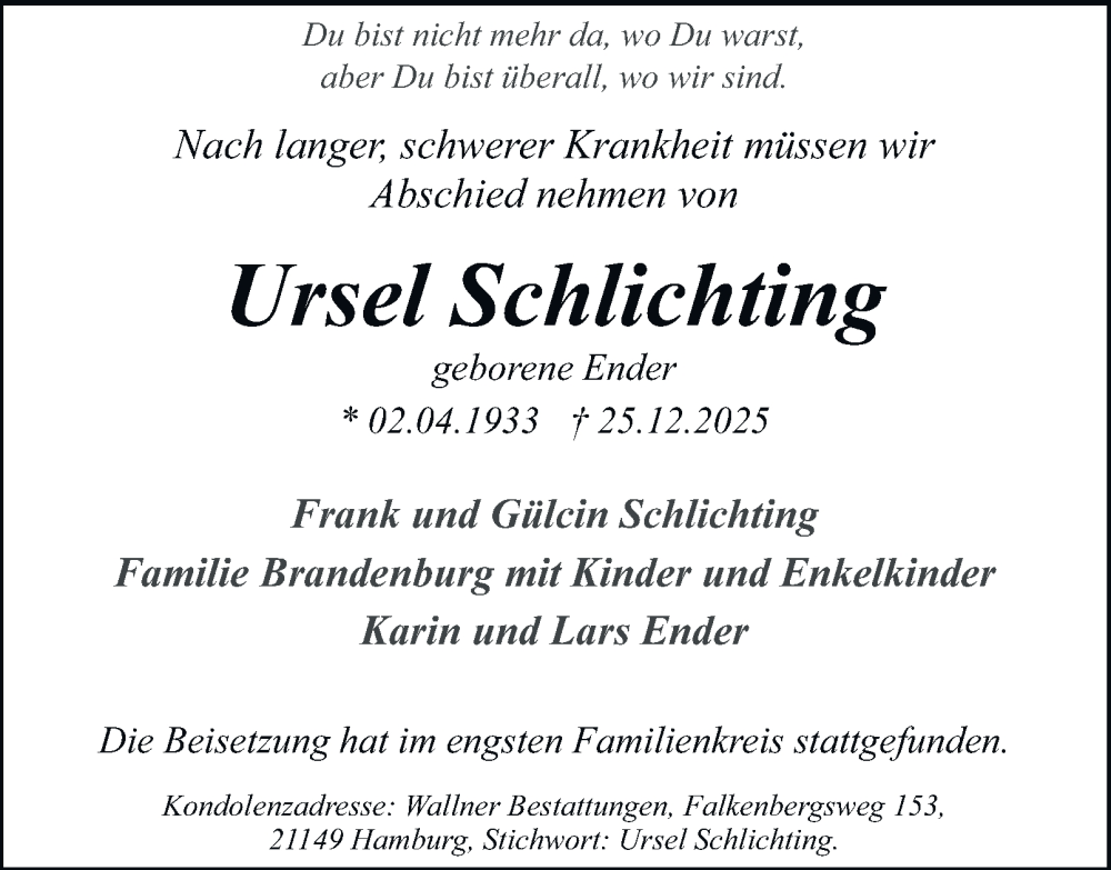  Traueranzeige für Ursel Schlichting vom 24.01.2026 aus 