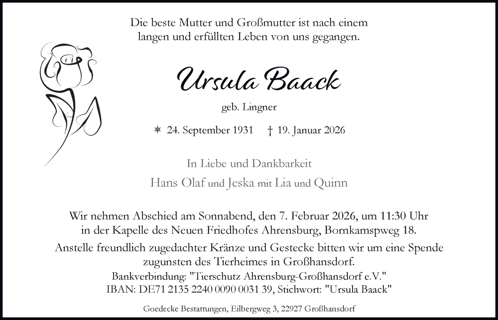  Traueranzeige für Ursula Baack vom 31.01.2026 aus Hamburger Abendblatt