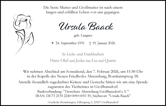 Traueranzeige von Ursula Baack von Hamburger Abendblatt