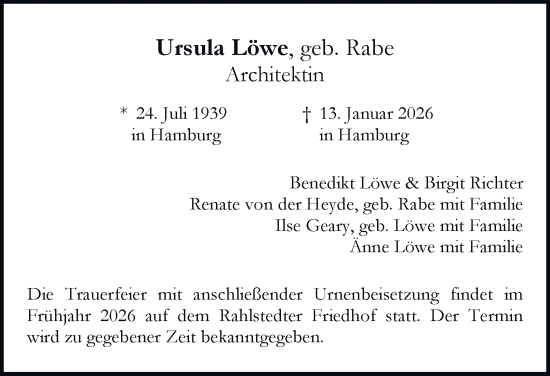 Traueranzeige von Ursula Löwe von Hamburger Abendblatt