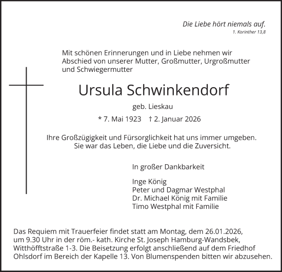Traueranzeige von Ursula Schwinkendorf von Hamburger Abendblatt