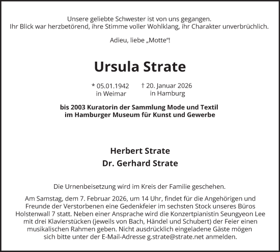 Traueranzeige von Ursula Strate von Hamburger Abendblatt