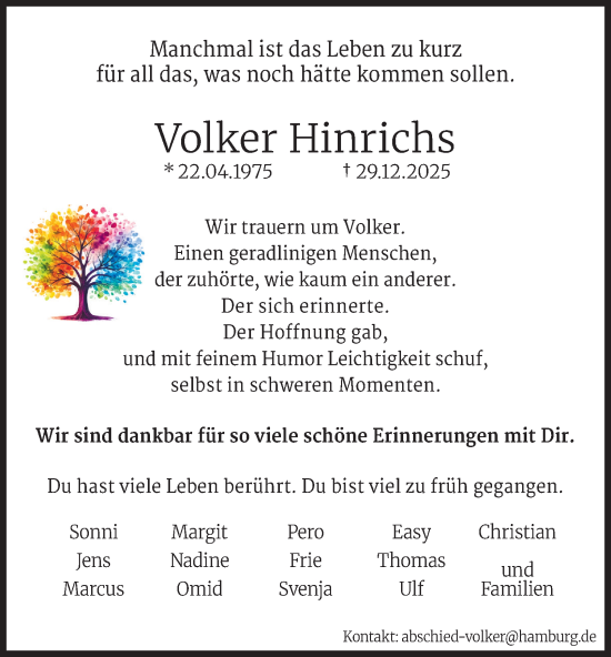 Traueranzeige von Volker Hinrichs von Hamburger Abendblatt