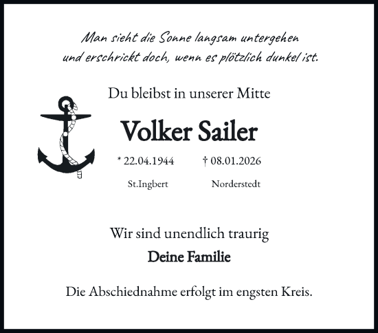 Traueranzeige von Volker Sailer von Hamburger Abendblatt