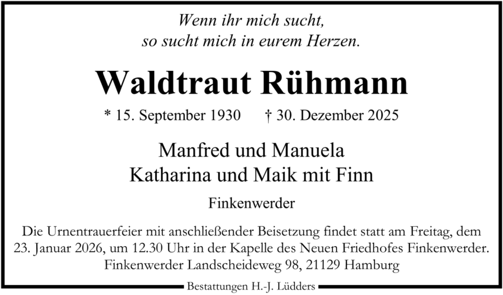  Traueranzeige für Waldtraut Rühmann vom 17.01.2026 aus 
