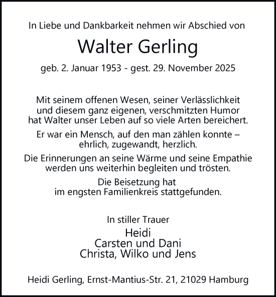 Traueranzeige von Walter Gerling von Hamburger Abendblatt