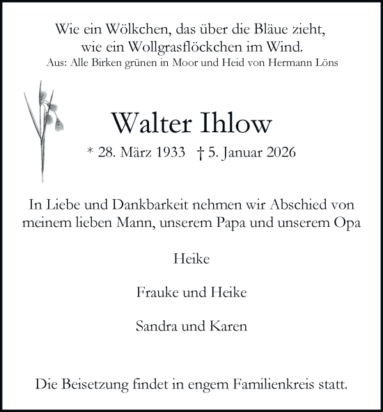 Traueranzeige von Walter Ihlow von Hamburger Abendblatt