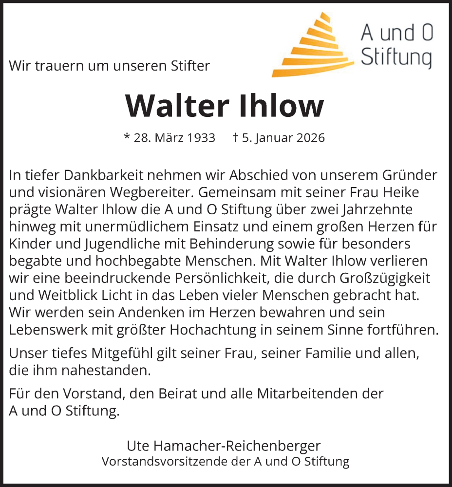  Traueranzeige für Walter Ihlow vom 17.01.2026 aus 