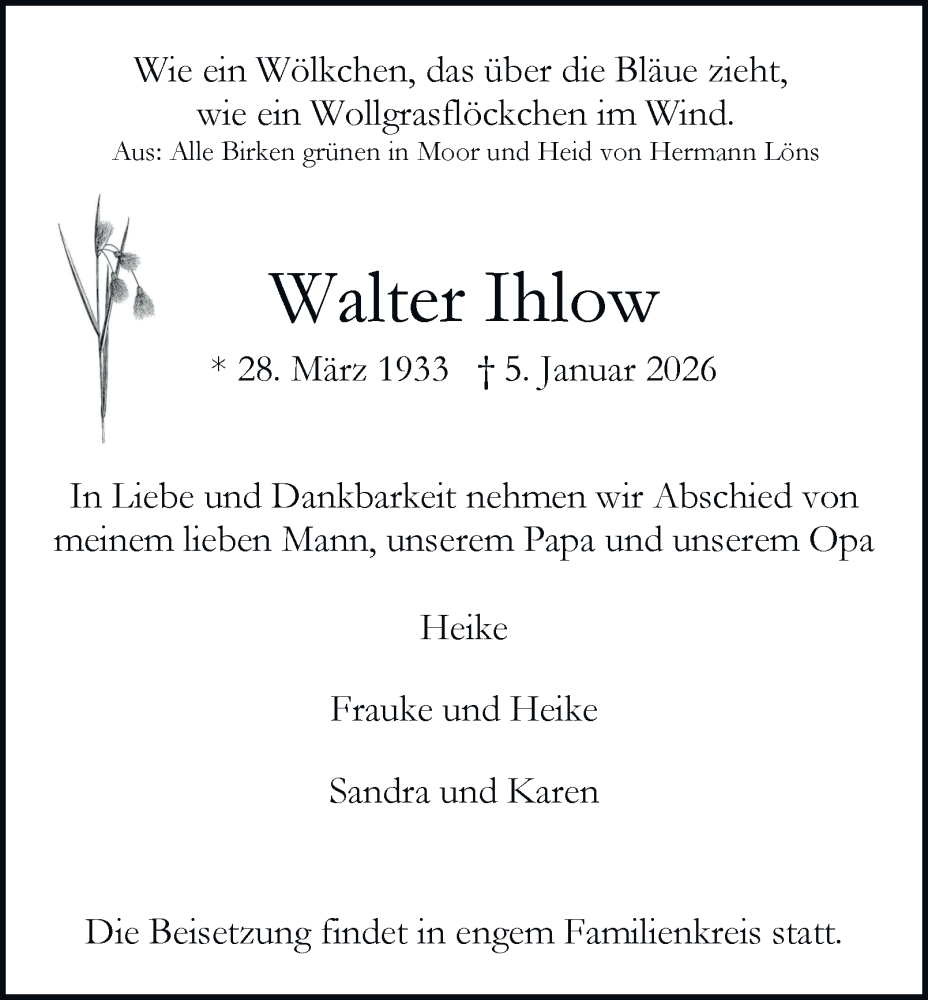  Traueranzeige für Walter Ihlow vom 17.01.2026 aus Hamburger Abendblatt