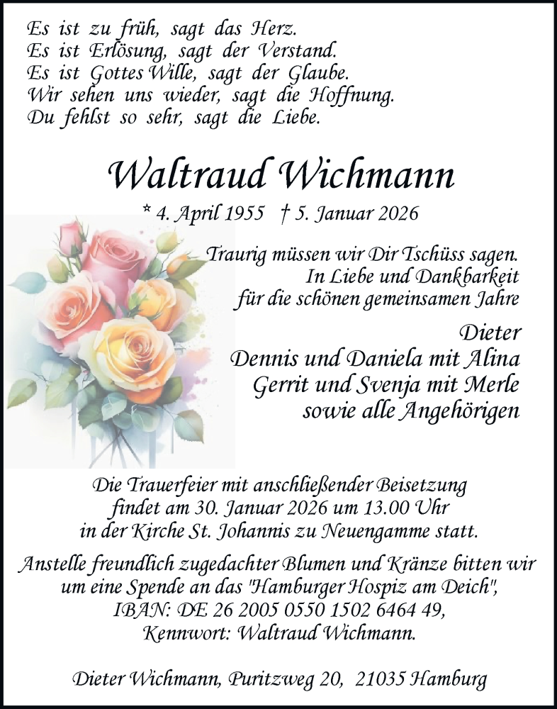  Traueranzeige für Waltraud Wichmann vom 17.01.2026 aus Bergedorfer Zeitung