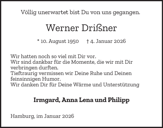 Traueranzeige von Werner Drißner von Hamburger Abendblatt