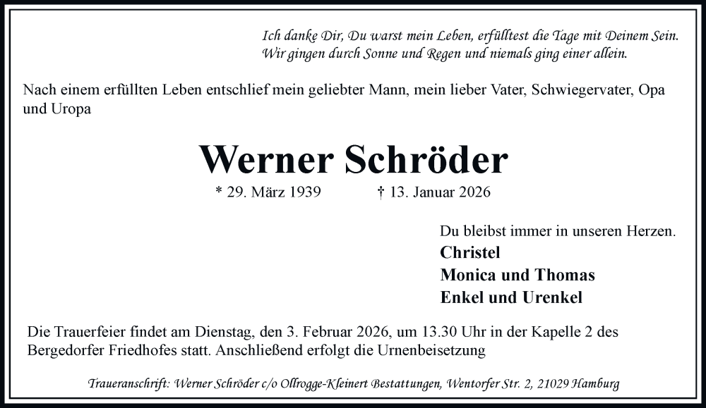  Traueranzeige für Werner Schröder vom 24.01.2026 aus Bergedorfer Zeitung