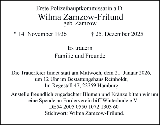 Traueranzeige von Wilma Zamzow-Frilund von Hamburger Abendblatt