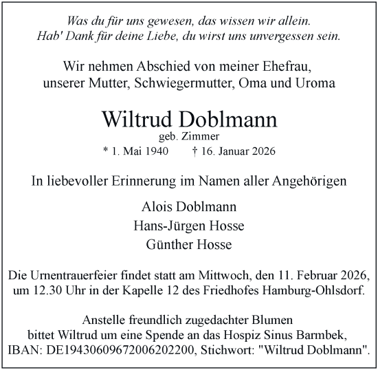 Traueranzeige von Wiltrud Doblmann von Hamburger Abendblatt