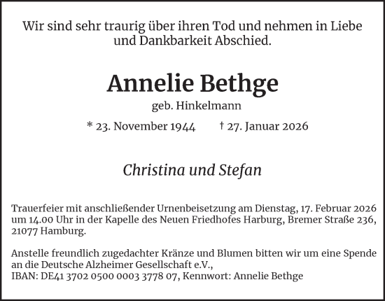Traueranzeige von Annelie Bethge von Hamburger Abendblatt