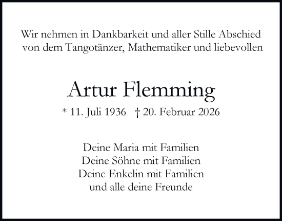 Traueranzeige von Artur Flemming von Hamburger Abendblatt