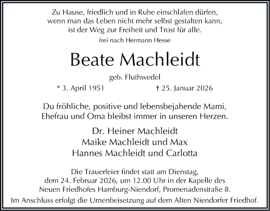 Traueranzeige von Beate Machleidt von Hamburger Abendblatt