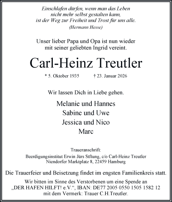 Traueranzeige von Carl-Heinz Treutler von Hamburger Abendblatt
