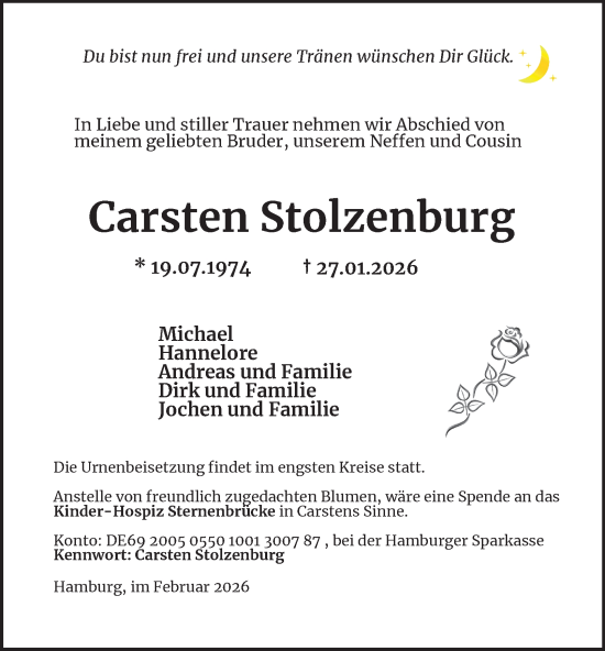 Traueranzeige von Carsten Stolzenburg von Hamburger Abendblatt