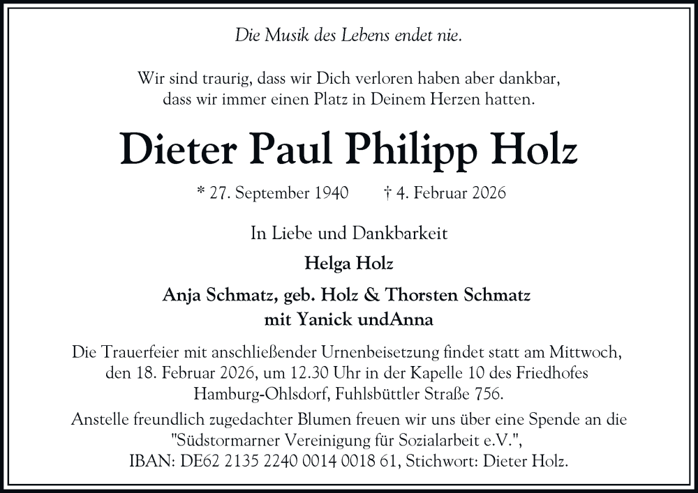  Traueranzeige für Dieter Paul Philipp Holz vom 14.02.2026 aus Bergedorfer Zeitung