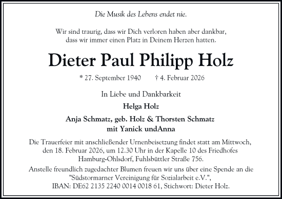 Traueranzeige von Dieter Paul Philipp Holz von Bergedorfer Zeitung
