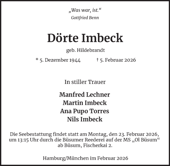 Traueranzeige von Dörte Imbeck von Hamburger Abendblatt